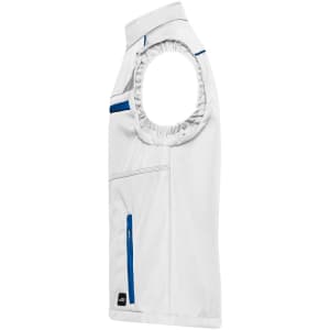 A white softshell vest with blue accents and a sleeveless design, featuring a zippered pocket and a logo.