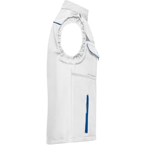 A white softshell vest with blue accents and zipped pockets, featuring sleeveless design and a logo.