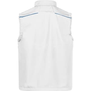 A white softshell vest with a simple design and a logo on the back. It features a collar and no sleeves.
