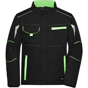 A black softshell padded jacket with bright green accents and reflective details, featuring pockets and a collar.