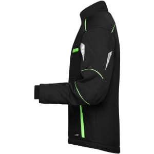 A black softshell padded jacket with green and white accents, featuring a logo. Side view of the jacket is displayed.