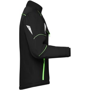 A black softshell padded work jacket featuring reflective detailing and bright green accents. Includes a logo.