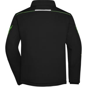A black softshell padded jacket featuring green accents and a logo, designed for workwear purposes.