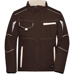 A brown softshell padded jacket with light-coloured accents and multiple pockets. It features a branded logo.