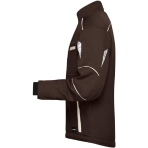 A brown padded softshell jacket with white accents, featuring a logo on the side.
