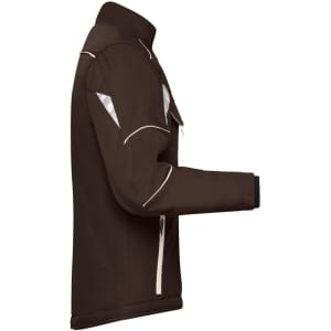 A brown padded softshell jacket with reflective elements and a zippered front. It features a high collar and long sleeves.