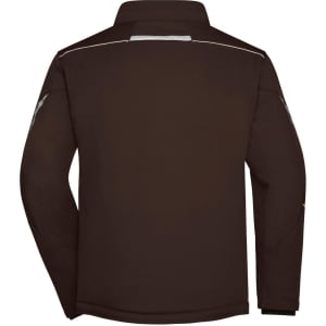 A brown softshell padded jacket with a collar and reflective detailing on the back, featuring a logo.