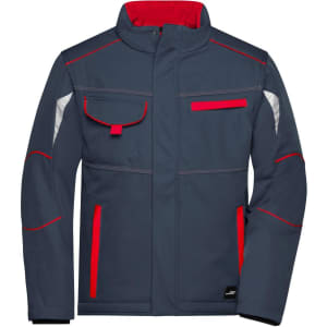 A navy blue softshell padded jacket with red accents and multiple pockets. It features reflective detailing and a logo.