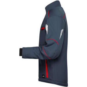 A padded softshell jacket in grey with red accents and a logo, designed for workwear.