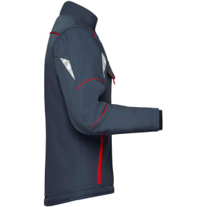 A softshell padded jacket in navy with red accents and reflective detailing, featuring a side view and zip pockets.