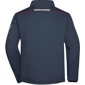 A softshell padded jacket in navy blue with a reflective detailing and a branded logo on the back.