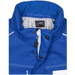 A blue padded jacket featuring a zip closure and a collar, with an interior mesh lining and a logo.