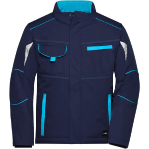 A navy softshell padded jacket with light blue accents and reflective details, featuring multiple pockets and a logo.