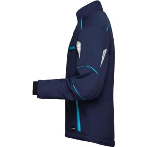 A navy blue softshell padded jacket with turquoise accents and a logo, displayed from the side.