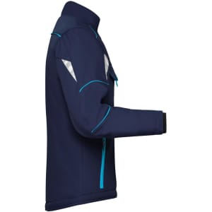 A navy blue work jacket with light blue accents and reflective details, featuring a zip pocket and a standing collar.