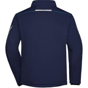A navy blue softshell padded jacket with a high collar and reflective detailing on the back. It features a logo.