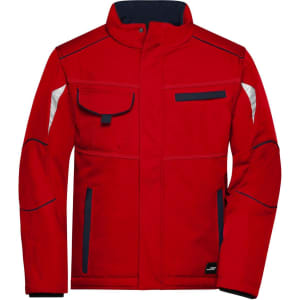 A red padded softshell jacket with reflective details, featuring multiple pockets and a high collar.