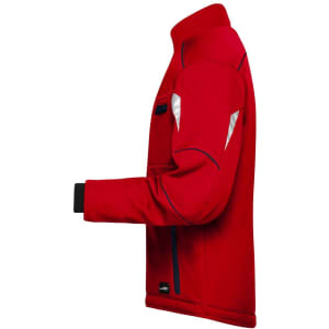 A red padded softshell jacket with white and black accents and an arm visible, featuring a logo on the front.