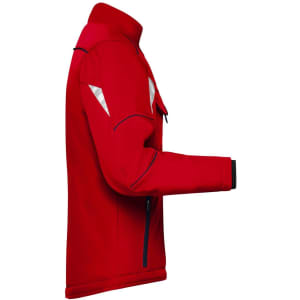 A red softshell padded jacket with reflective details and a zippered pocket, featuring a logo on the front.