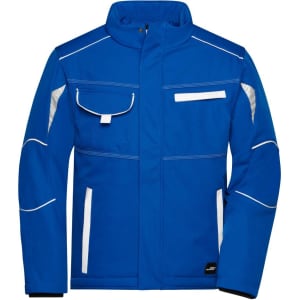 A blue padded softshell jacket featuring multiple pockets and reflective detailing. Includes a logo on the garment.