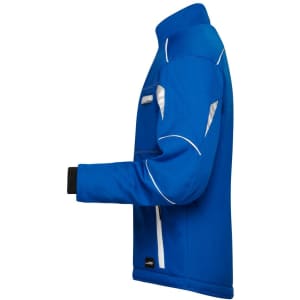 A blue padded softshell work jacket with white accents and a fitted collar, featuring a logo on the side.