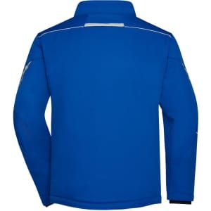 A blue padded softshell jacket featuring reflective elements and a logo on the back.