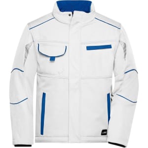 A white padded softshell jacket with blue accents and multiple pockets. It features a logo on the lower part.