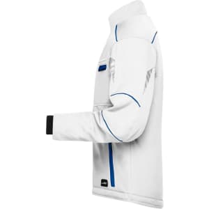 A white padded softshell jacket with blue accents and a logo, featuring a high collar and zippered pockets.