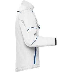 A white padded softshell jacket with contrasting blue stitching and a black cuff, featuring pockets and a logo.