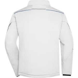 A softshell padded jacket in white, featuring a back view with subtle design elements and a logo.