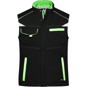 A black padded vest with reflective green accents and multiple pockets, featuring a zip and button front closure.