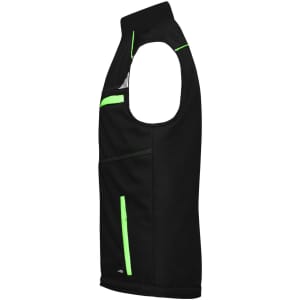 A black padded vest featuring reflective green accents and multiple zippered pockets. Includes a logo.