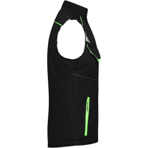 A black softshell padded vest with green detailing and zippered pockets, featuring a logo.