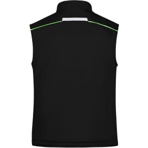 A black softshell padded vest with a collar and green detailing along the back. It features a logo.