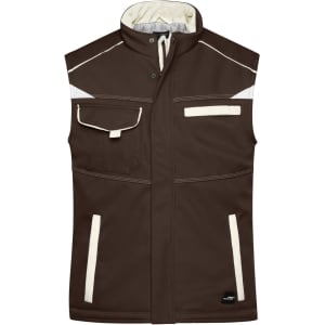 A brown softshell padded vest featuring multiple pockets and light-coloured accents, with a logo on the side.