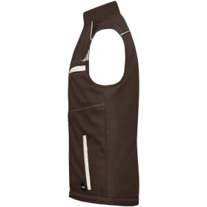 A brown padded vest featuring a zippered pocket, designed for workwear. It has a logo on the lower side.