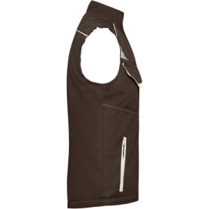 A brown softshell padded vest with an open arm design and zippered pockets, featuring a logo.