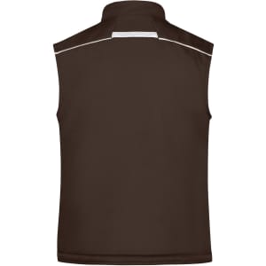 A brown padded vest with a high collar and a white accent detail at the back, featuring a logo.