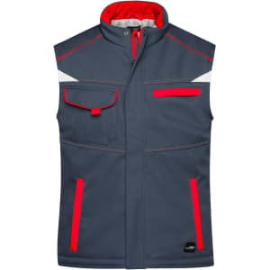 A grey softshell padded vest with red accents, featuring pockets and reflective detailing. It includes a logo.