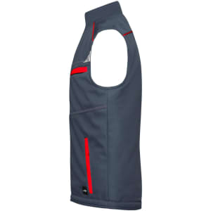 A grey softshell padded vest with red accents and multiple pockets, featuring a logo.