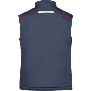 A navy softshell padded vest with a stand-up collar and red accent stitching, featuring a logo.