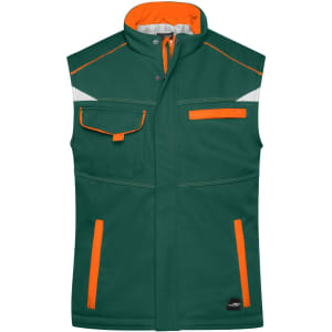 A green padded vest with orange accents, featuring multiple pockets and reflective detailing. It has a logo.