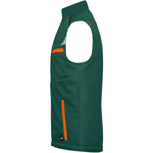 A green softshell padded vest with orange detailing, featuring zippered pockets and a high neck design.