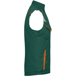 A green softshell padded vest with orange accents, featuring multiple pockets and a sleeveless design.