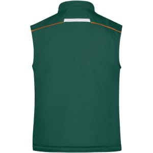 A green softshell padded vest with a high collar and an accent line on the back, featuring a logo.