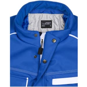 A blue padded vest with a collar, featuring a zip and snap buttons, along with white detailing and an interior mesh lining.