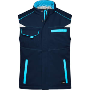 A padded softshell vest in navy blue with bright blue accents and multiple pockets. Features a logo on the front.