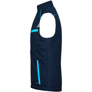 A navy softshell padded vest featuring turquoise accents and multiple zippered pockets. It has a logo on it.