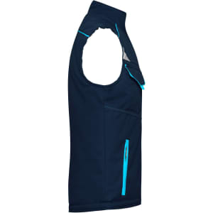 A navy blue softshell padded vest with a zip pocket and contrasting aqua blue accents. It features no sleeves.