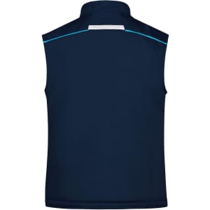 A navy softshell padded vest featuring a zip collar and a logo. It is sleeveless and has a lightweight design.